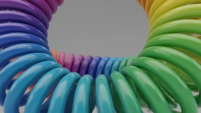 Colorful rainbow spring toy on a gray background, a playful and vibrant object.