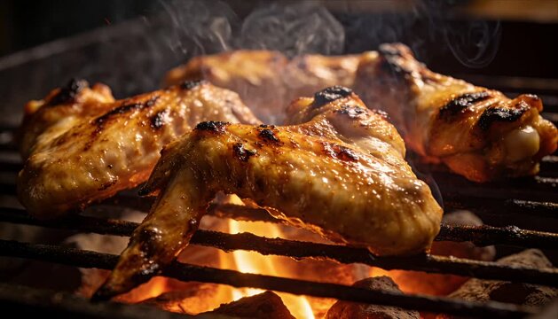 Grilled chicken wing barbecue grill food close up cinematic cooking commercial scene with fire smoke sizzling glaze on hot coal and flame, outdoor dinner shot for menu advertising