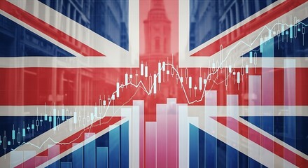 United Kingdom Financial Market Analysis: Stock Charts and Growth Graphs Overlaid on Union Jack Flag