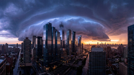 Fototapeta premium Storm clouds gather over city buildings at sunset with a view of the river
