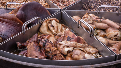 Authentic boiled pork ears and snout display