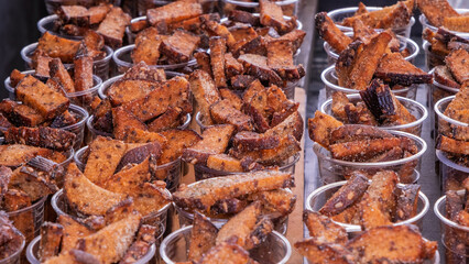 Crispy fried garlic rye bread snack cups