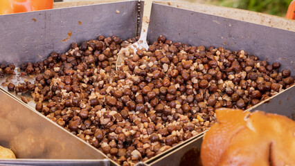 Traditional Latvian grey peas with fried bacon