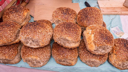 Fresh artisanal bread loaves with sunflower seeds