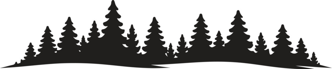 Obraz premium Pine Forest Silhouette Landscape Border, Minimal Black Evergreen Tree Vector Illustration