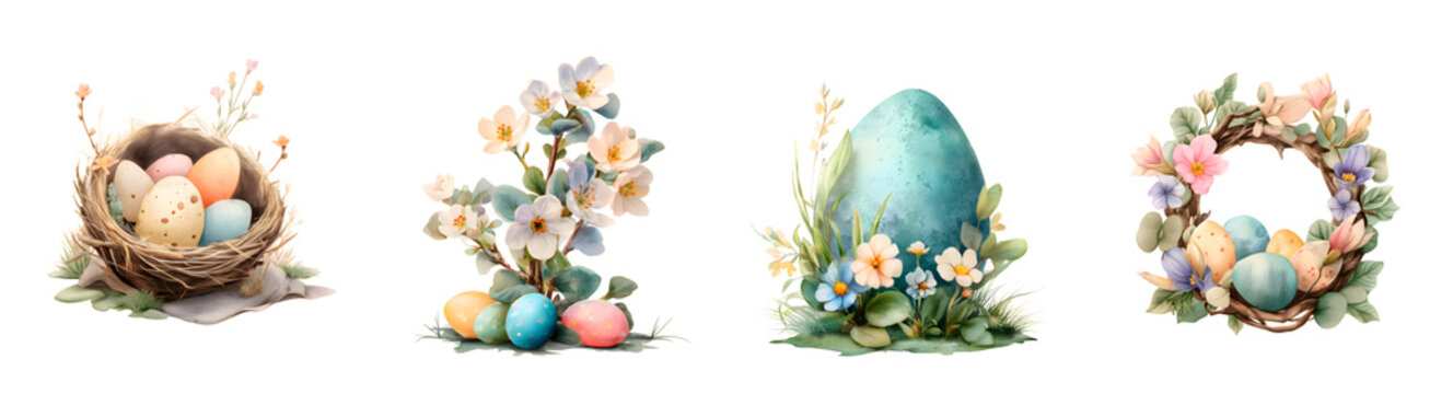 Easter watercolor egg decoration set with spring flowers and wreath elements on white background