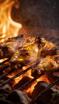 Grilled food barbecue close up cinematic cooking commercial chicken thigh, glazed wings sizzling on grill grate over charcoal flame, smoke rising, golden drip, appetizing menu advertising shot
