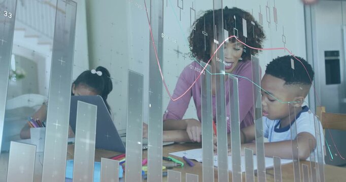 Animation of financial data processing over diverse woman and son using laptop for homework