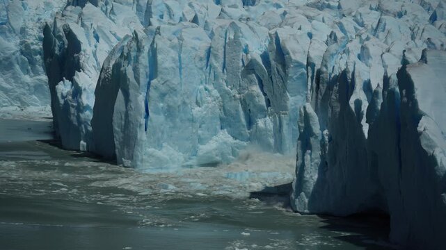 Ice of Perito Moreno glacier while falling melting