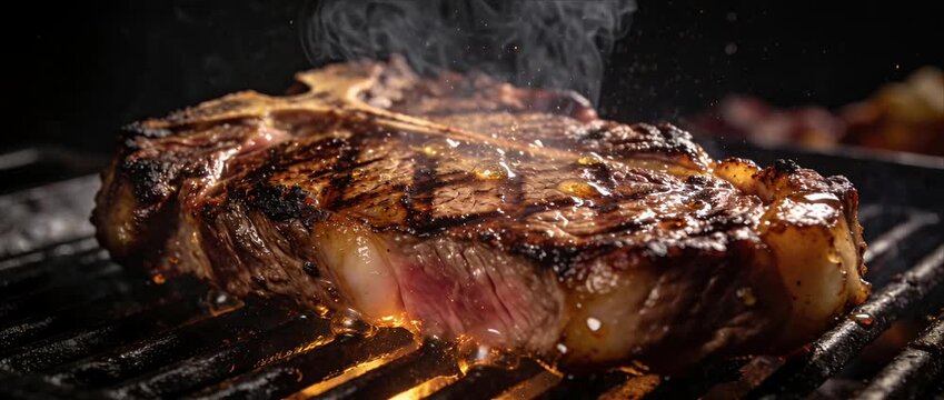 Grilled steak barbecue food close up cinematic cooking on hot grill with beef, smoke, flame, charred crust, dripping juice, sizzling texture for commercial menu, rustic outdoor dinner