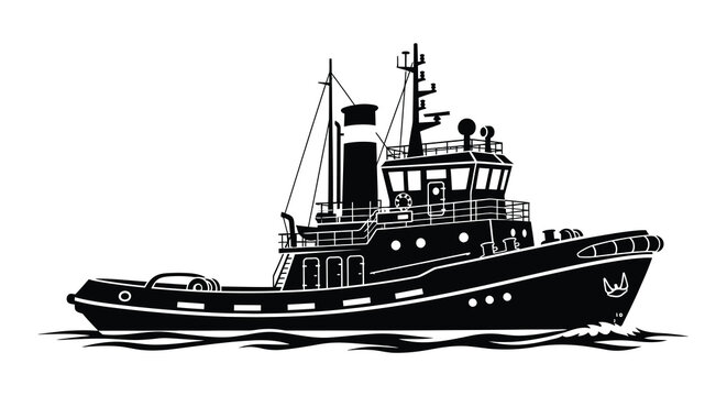 A detailed black and white illustration depicts a tugboat on water showcasing a striking graphic silhouette high quality professional modern