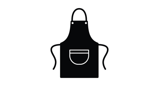 A simple black icon depicts a cooking apron with straps centered on a white background presented as a silhouette