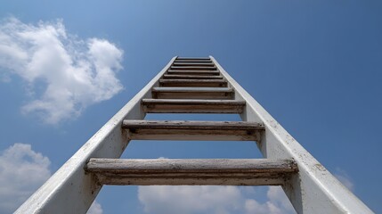 A metallic ladder ascends towards a bright blue sky dotted with clouds symbolizing upward progress and opport