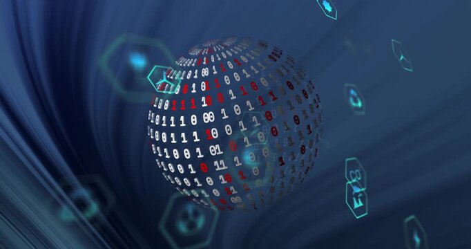Rotating globe of binary code with hexagonal icons, digital data processing animation