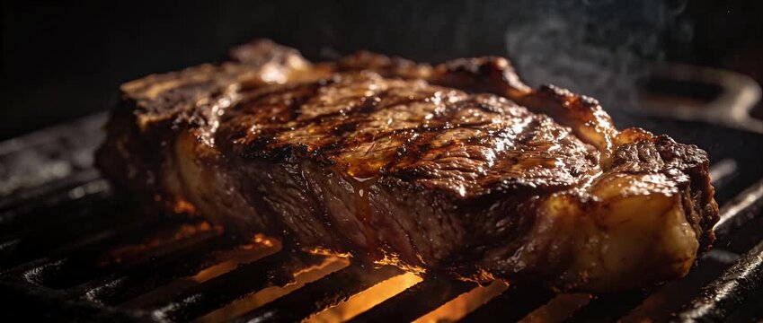 Grilled steak beef barbecue close up cinematic cooking food commercial shot, juicy seared ribeye sizzling on hot grill grate with flame and smoke, rich crust texture for restaurant menu advertising