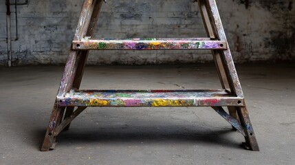 Obraz premium A colorful paint splattered stepladder in an industrial workshop setting