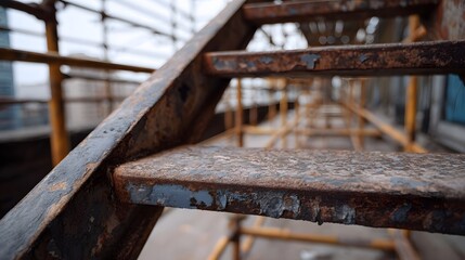 Fototapeta premium Close up of a rusty weathered metal staircase with peeling paint set against a background of industrial scaffolding