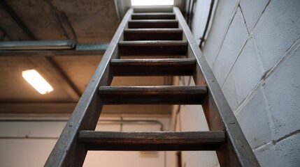 Fototapeta premium A rustic wooden ladder ascends towards a bright opening in an industrial interior with brick walls and a concrete ceiling