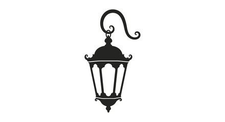 A detailed black silhouette of a vintage hanging lantern with ornate detailing and a decorative hook silhouette high quality professional © Pvect02