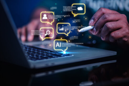 Smart AI chatbots are used by business people to chat on their smartphones. Chatting with AI is a technology of the future, a robot in the network communication system of the online business world.
