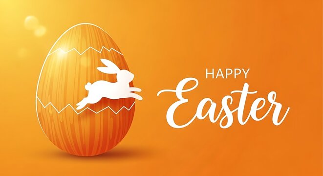 Easter egg with bunny silhouette on orange background with happy easter text