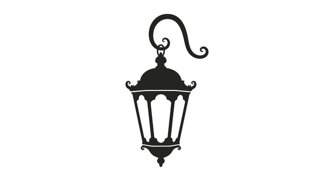 A detailed black silhouette of a vintage hanging lantern with ornate detailing and a decorative hook silhouette high quality professional