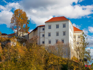 Castle in Pieskowa Skala in autumn scenery. Ojcow National Park, Poland