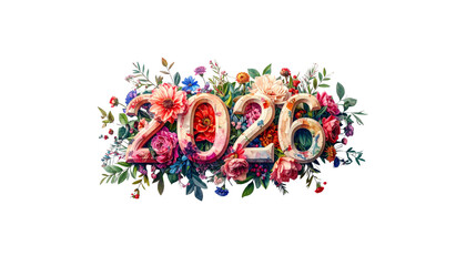 The New Year's design illustration features colorful letter symbols along with floral patterns on a white background