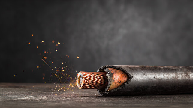 severed. Severed electrical cable with sparks from exposed copper wires. product launch decks, UI/UX mockups, designed for product launches and innovation pitches, highlights innovation.
