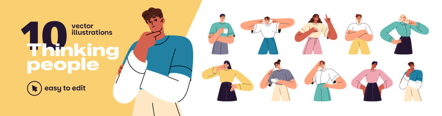 Naklejka premium Thinking people set. Thoughtful men and women. Puzzled characters doubt. Pensive girls and boys are pondering thoughts, solving problems, asking. Flat isolated vector illustrations on white background