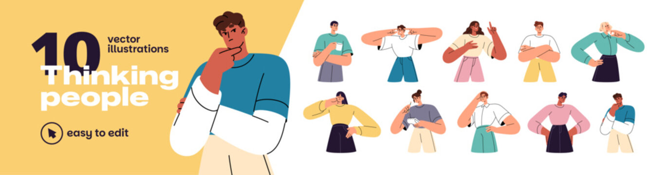 Thinking people set. Thoughtful men and women. Puzzled characters doubt. Pensive girls and boys are pondering thoughts, solving problems, asking. Flat isolated vector illustrations on white background