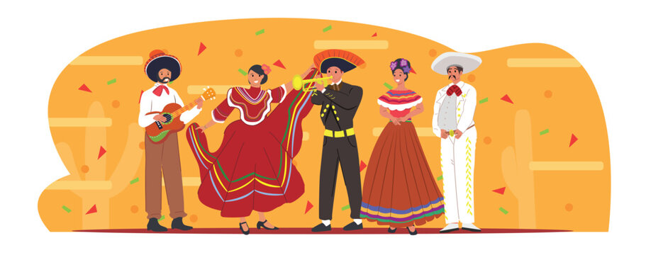 Mexican people characters for Cinco de Mayo celebration, isolated on decorative white background. Men and women in traditional clothing performing Mariachi music and Folkloric dance. Flat characters 