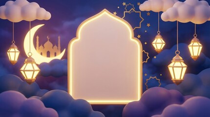 A glowing arch frame provides central copy space. Warm lanterns, soft clouds, a crescent moon with a building silhouette, and stars fill a festive night sky, creating a serene, peaceful atmosphere. Pe