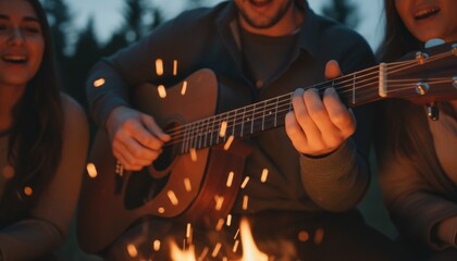 Fototapeta premium Friends singing with guitar around campfire close crop of musicians with strings and warm glow