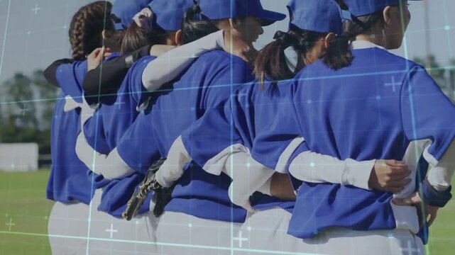 Camera zooming capturing softball team linking arms on field amid shifting tech grid overlay