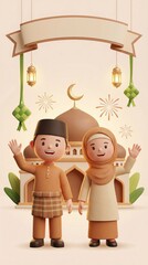 A joyful 3D illustration featuring two charming children, a boy in traditional attire with a cap and a girl in a headscarf, both smiling and waving a welcoming greeting. They stand in front of a styli