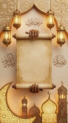 A luxurious and elegant vertical background featuring intricate golden Islamic-inspired geometric patterns and illuminated traditional lanterns, creating a warm and inviting glow. Central to the compo