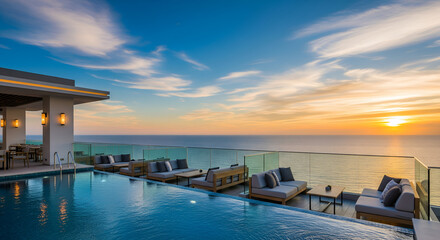 Fototapeta premium Modern seaside resort with infinity pool facing the horizon at golden hour, tranquil coastal scenery, premium lifestyle, summer vacation escape, and exclusive luxury travel destination