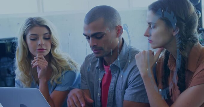Man opening laptop and typing team watching rotating data charts expanding in hologram for analysis