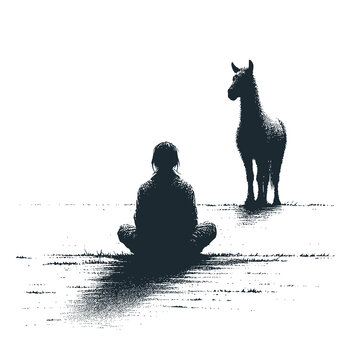 Witness Without Mercy.  Human figure on the ground, while a distant animal silhouette stands upright.
