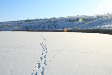 A snowy field with a road