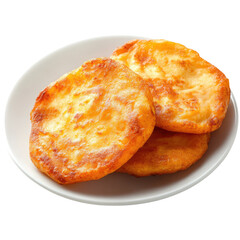 Golden fried potatoes on white plate isolated on transparent background