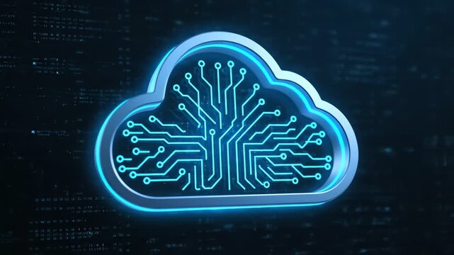 Neon-lit cloud icon with circuit board design on a dark background with code.