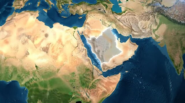 Rotating globe animation showcasing the Middle East region with detailed land features and oceans