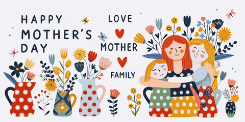 Fototapeta premium Happy mother s day illustration with daughter flowers and loving family design
