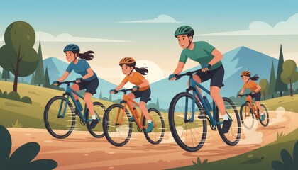 Fototapeta premium Family racing on bicycles along trail illustration with bright hills and playful family adventure vibe