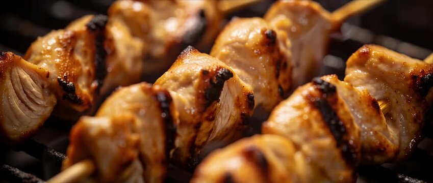 Grilled chicken skewer barbecue close up cinematic cooking on hot grill, grilled food commercial scene with smoky glaze, juicy meat cubes, rich char marks for summer outdoor dinner