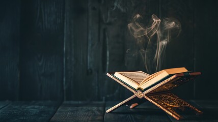 Open holy book with glowing light and spiritual aura on wooden stand in dark room
