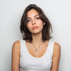 Fototapeta premium Confident Woman in White Tank Top and Silver Necklace - Studio Portrait