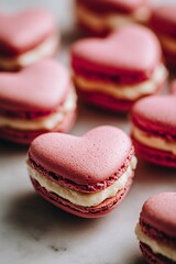 Fototapeta premium Delicate heart-shaped pink macarons with cream filling, arranged on a marble surface, perfect for romantic or festive occasions.